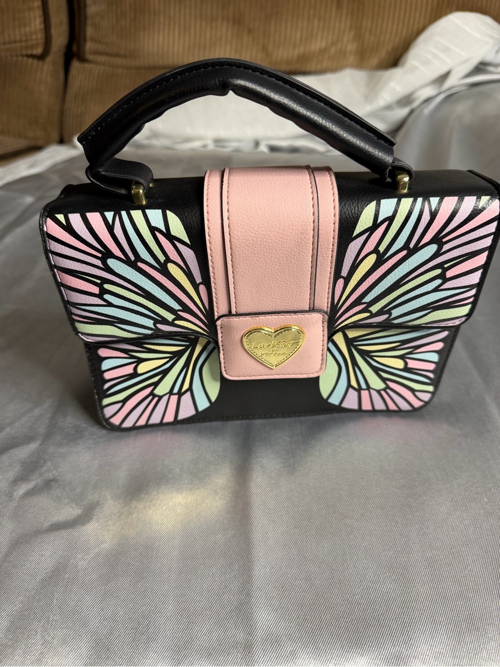 Black & Pink Butterfly-Accent Top Handle Satchel